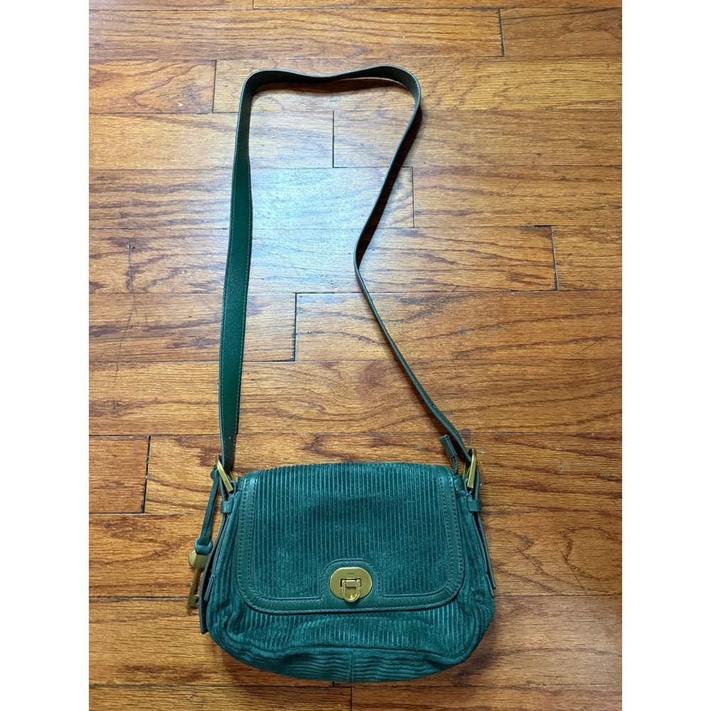 Fossil Green Corduroy Leather Crossbody Bag Turnlock Flap Small Messenger